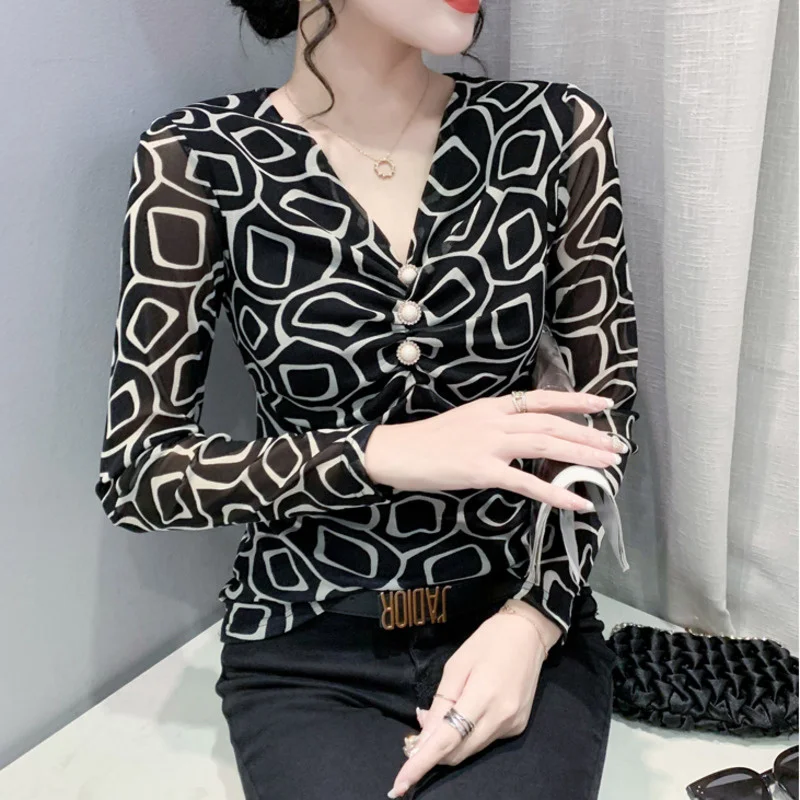 #8016 Black Print T Shirt Women V-neck Buttons Sexy Tight T Shirt Long Sleeve Thin Korean Style Slim Elastic Mesh T-shirt Retro