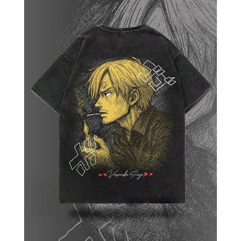Summer Men's Washes T-shirts Japanese Anime One Piece Sanji Graphic Clothing Harajuku Y2K Oversized 100% Cotton Half-sleeve Tops