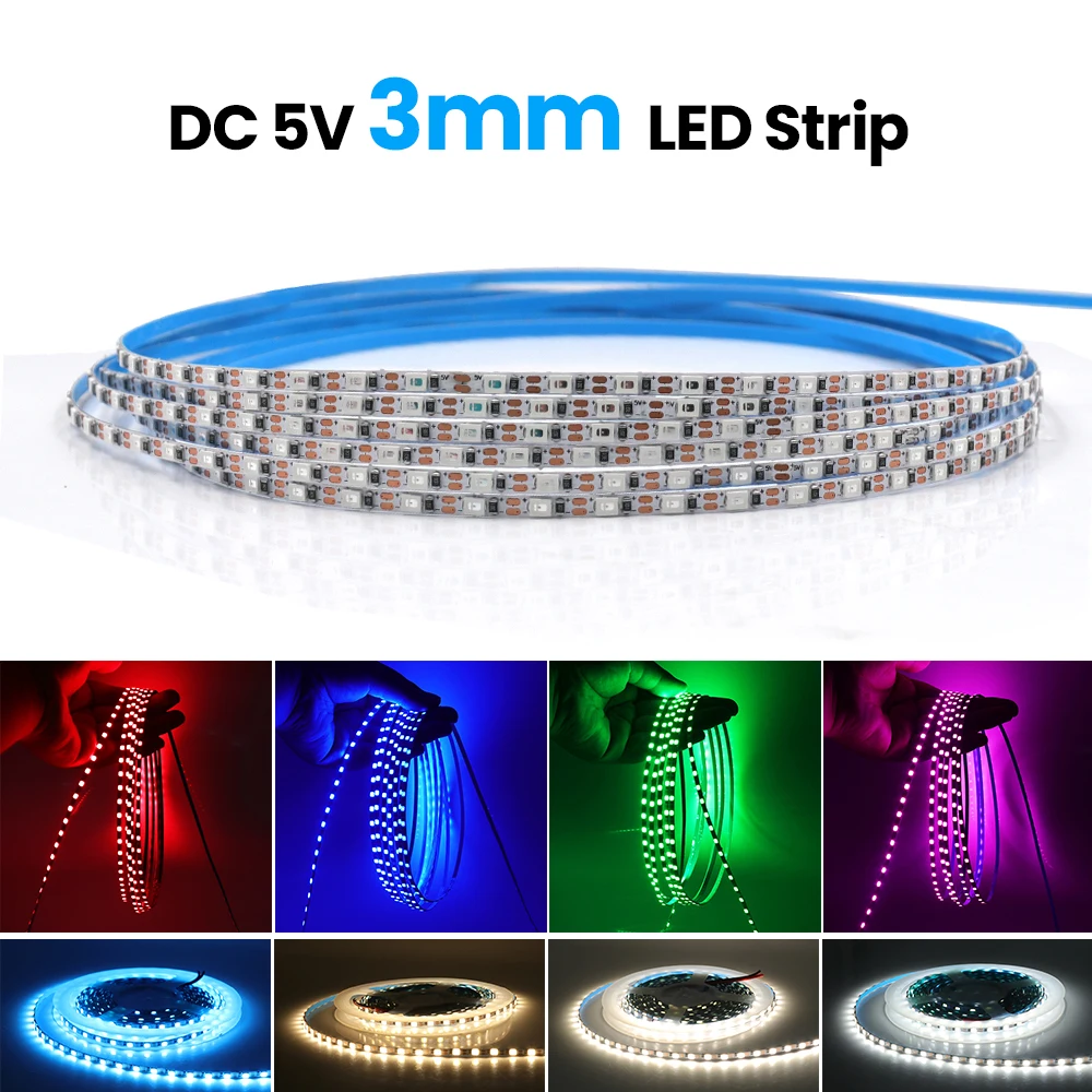 DC 5V 3mm LED Strip SMD 2835 120LEDs/m High Bright Flexible Tape 3000K 4000K 6000K Red Green Blue Pink Yellow Ice Blue 5m/Roll