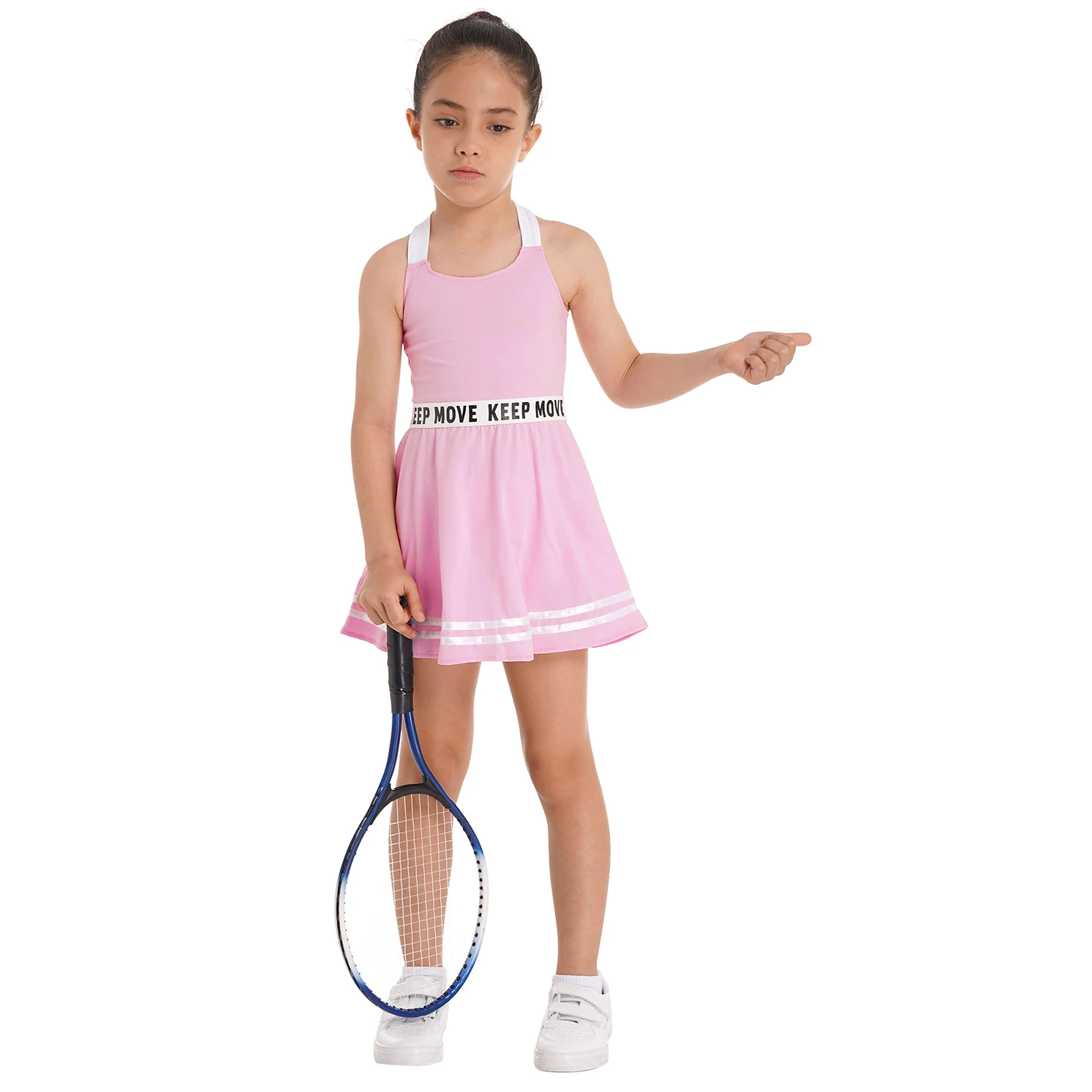 Traje deportivo de verano para niñas, 2 piezas, vestido informal de tenis de bádminton sin mangas con letras estampadas, conjunto de una línea +