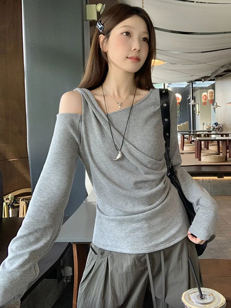 

Женская модная футболка с эффектом похудения, имитация двухслойности, с открытыми плечами, длинный рукав, большие размеры, для ранней весны