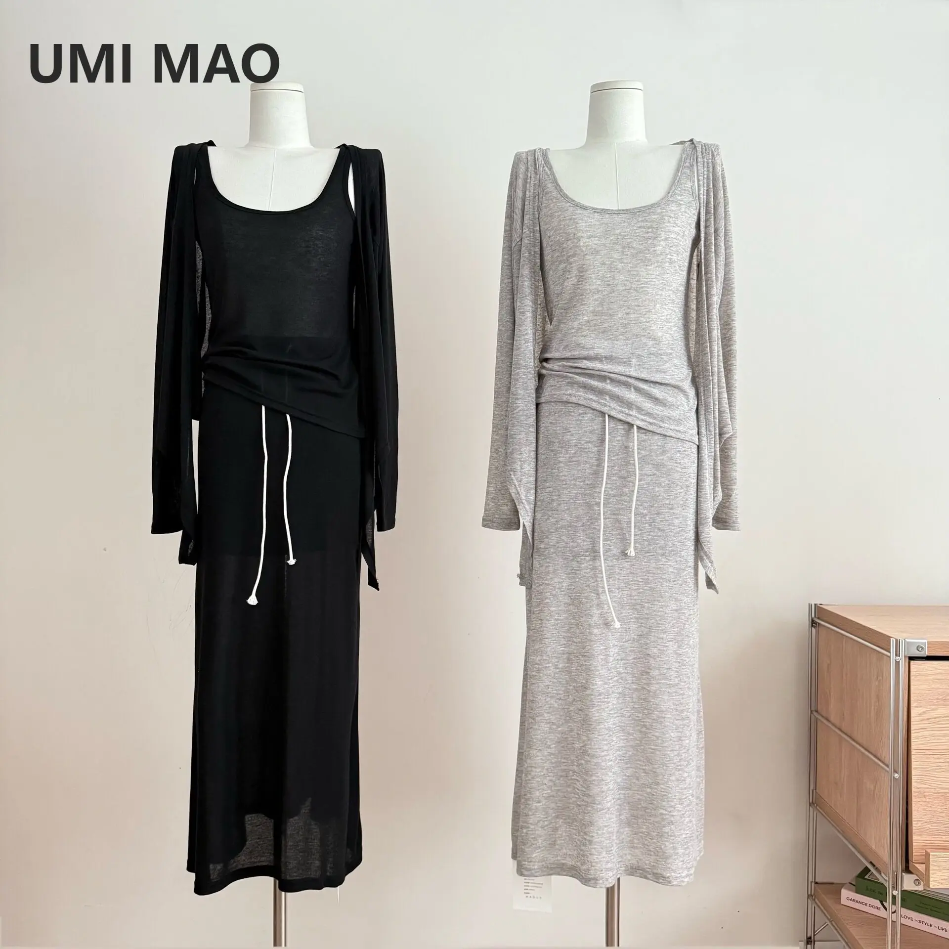 

UMI MAO Butterfly Treasure Effortless Cool Knitted Cardigan Camisole Skirt Three-Piece Set For Women Summer Sets