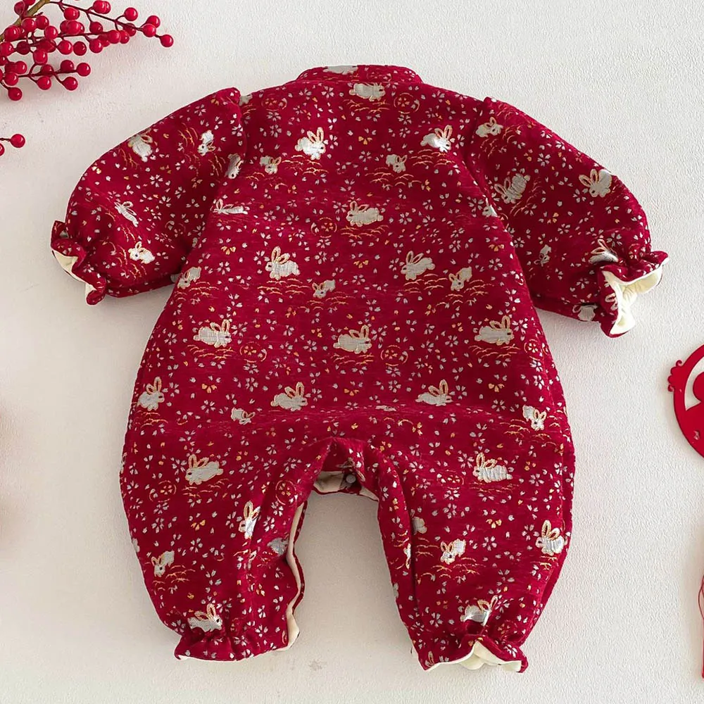 First Christmas Baby Girl Romper Velvet Thick Warm Winter Chinese Traditional Clothes Red Color New Year Baby Jumpsuits