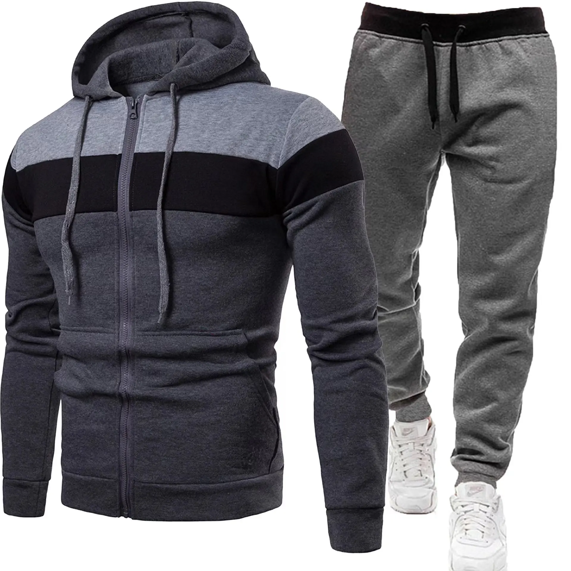 2024 Spring and autumn men\'s new multi-pocket zipper hoodie + casual sports pants two-piece jogging winter sports suit