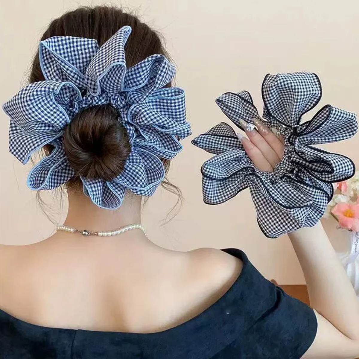 

1 шт., корейская универсальная резинка для волос в клетку с контрастным темпераментом и цветком, простая резинка для волос для девочек, эластичная резинка
