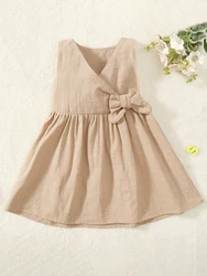 Casual Toddle Girl Sleeveless Linen Cotton Dress Lace Up Front Princess Summer girl gift Dress