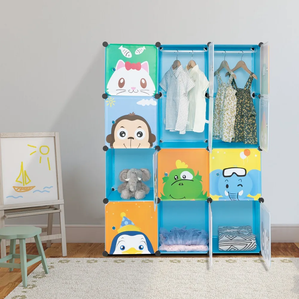 4-Layer 12-Grid 2-Hanging Rod Magic Cube Wardrobe, Plastic + Steel Wire Material with Animal Pattern, Pattern Door Cabinet