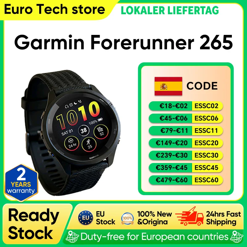Montre connectée sportive Garmin Forerunner 265 avec GPS, écran AMOLED de 1,3 pouce, écran tactile, 13 jours d'autonomie, programmes d'entraînement