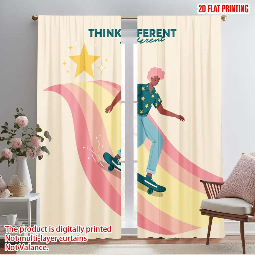 

2pcs 2D flat printing Curtains Skate Rainbow Star Dream Fabric Without Electricity Festive Wall Decor Use for Home Decor