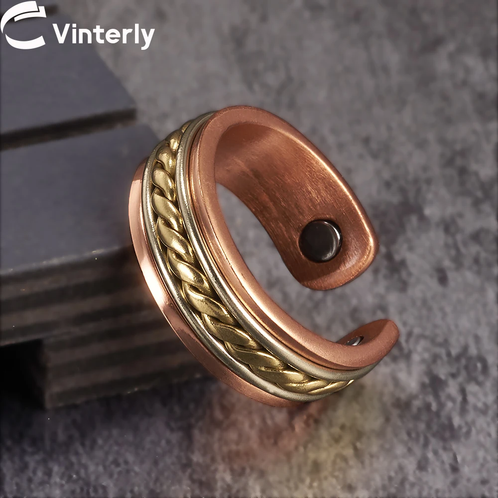 Vinterly Magnetic Pure Copper Rings Female 8.3mm Open Cuff Adjustable High Magnet Wedding Bands Energy Finger Jewelry Women Men