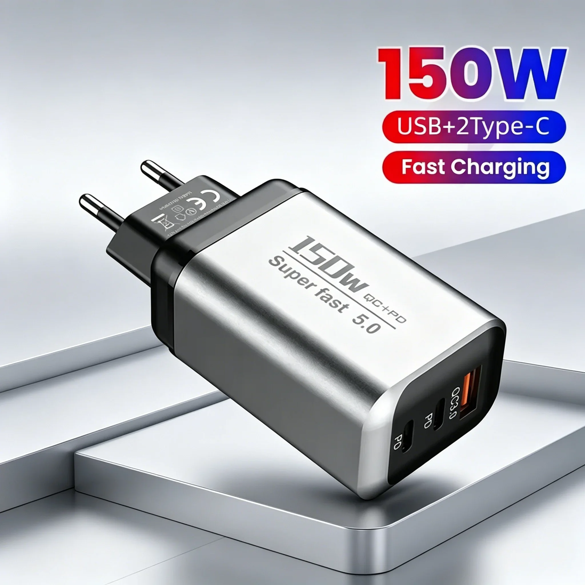 150W 3 Ports USB Charger Type C QC5.0 Fast Charging Wall Adapter Multi Socket Travel Charger EU/US/UK Plug For iPhone 17 Samsung