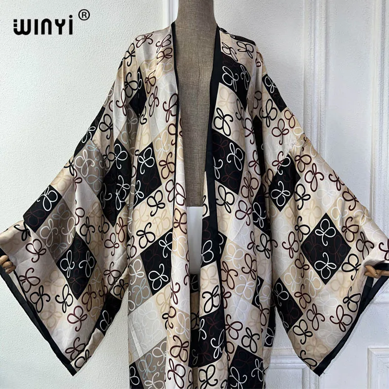 WINYI NEW summer kimono boho print beach cover up Swim Suit elegant African women boho Cardigan sexy Holiday silk feeling dress