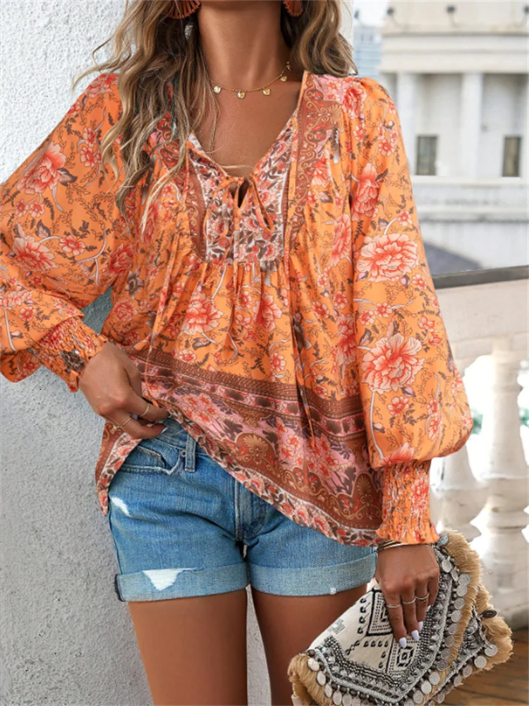 Bohemian Blouse Women Shirt Lace Up Top Spring Autumn Blouses Long Sleeve Pullover Cotton Printed Tie Blous Loose Casual Shirt