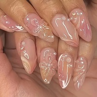 24pcs Light Pink False Nails Wearable Almond Press On Nails With 3D Flowers Water Ripple Designs Korean Sweet Fake Nail Tips