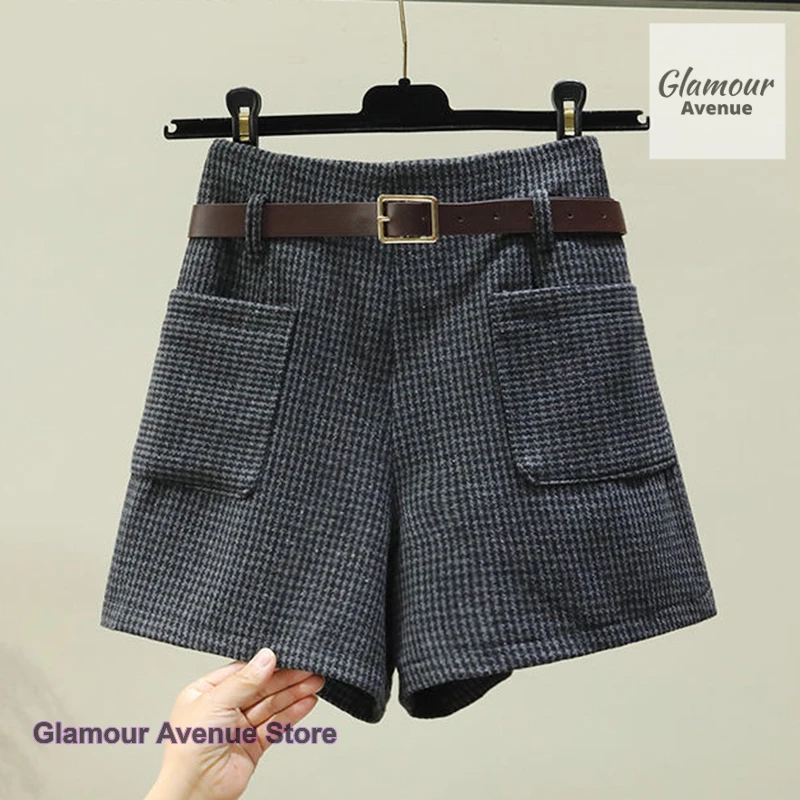 Korean version of wearing houndstooth shorts women's autumn and winter high waist new fashion Joker slim wide-leg pants A pants