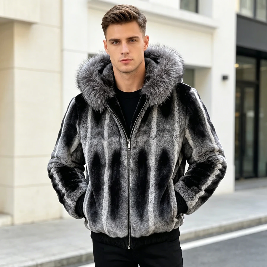Chinchilla Fur Coats Real Rex Rabbit Fur Hooded Jacket With Natural Fox Fur Collar Real Fur Jackets