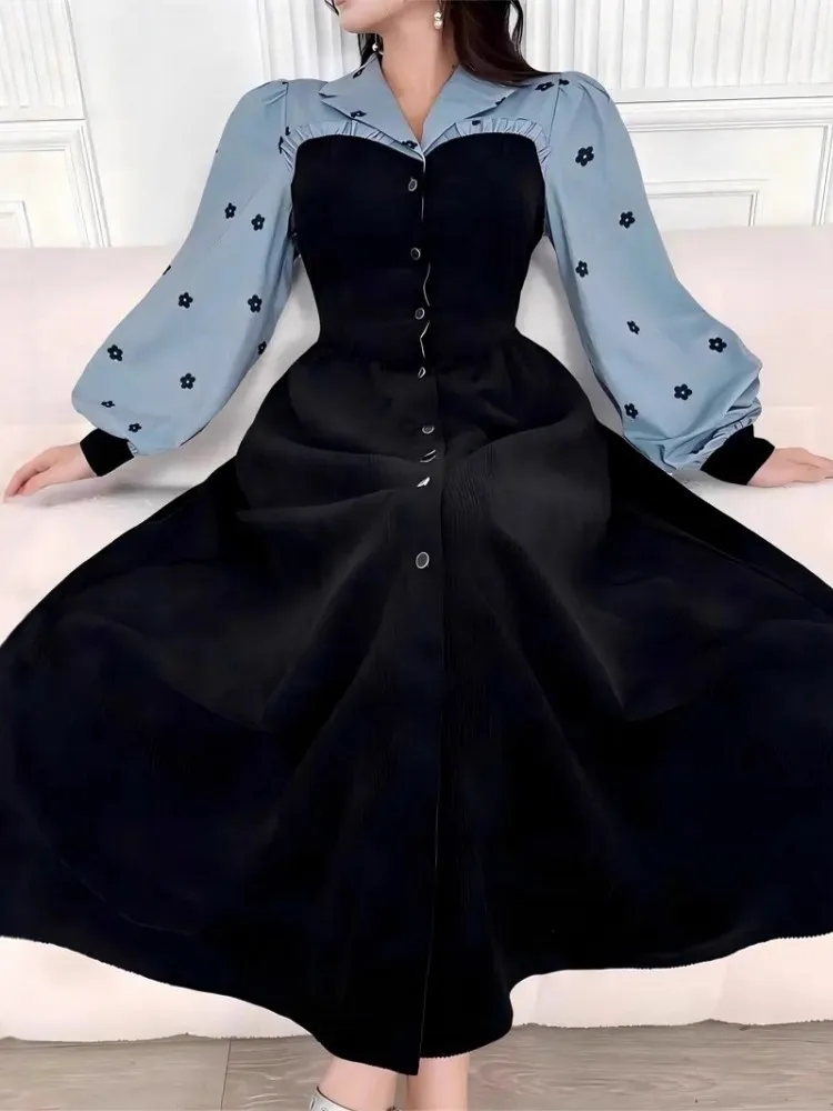 春秋ファッションプリントレトロパーティードレス女性セクシーシングルブレストラペルシャツドレスカジュアル長袖ボヘミアンワンピース