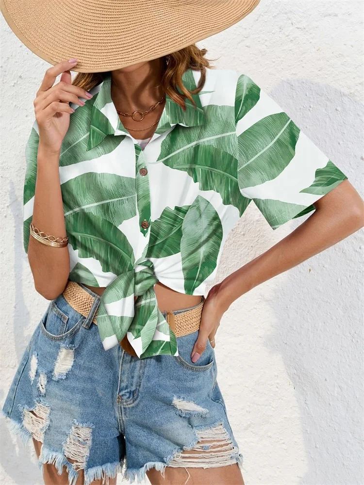 

Summer 2025 Women's Short-sleeved Shirts With Green Leaf Prints For A Fashionable And Casual Summer Vacation