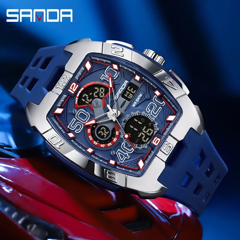 SANDA Fashion Trend Men's Quartz Watch Tonneau Design TPU Large Dial Luminous Chronograph Multi-function Students Wristwatch