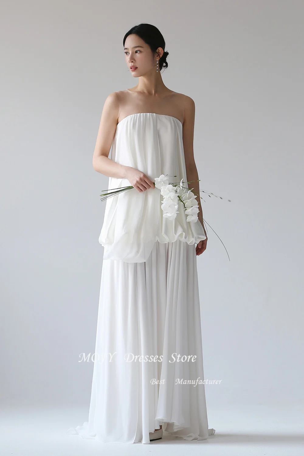 Mojy Unique Strapless Wedding Dress Korea Photo Shoot Floor Length Plus Size Bridal Gown Sleeveless Zipper Back Customized