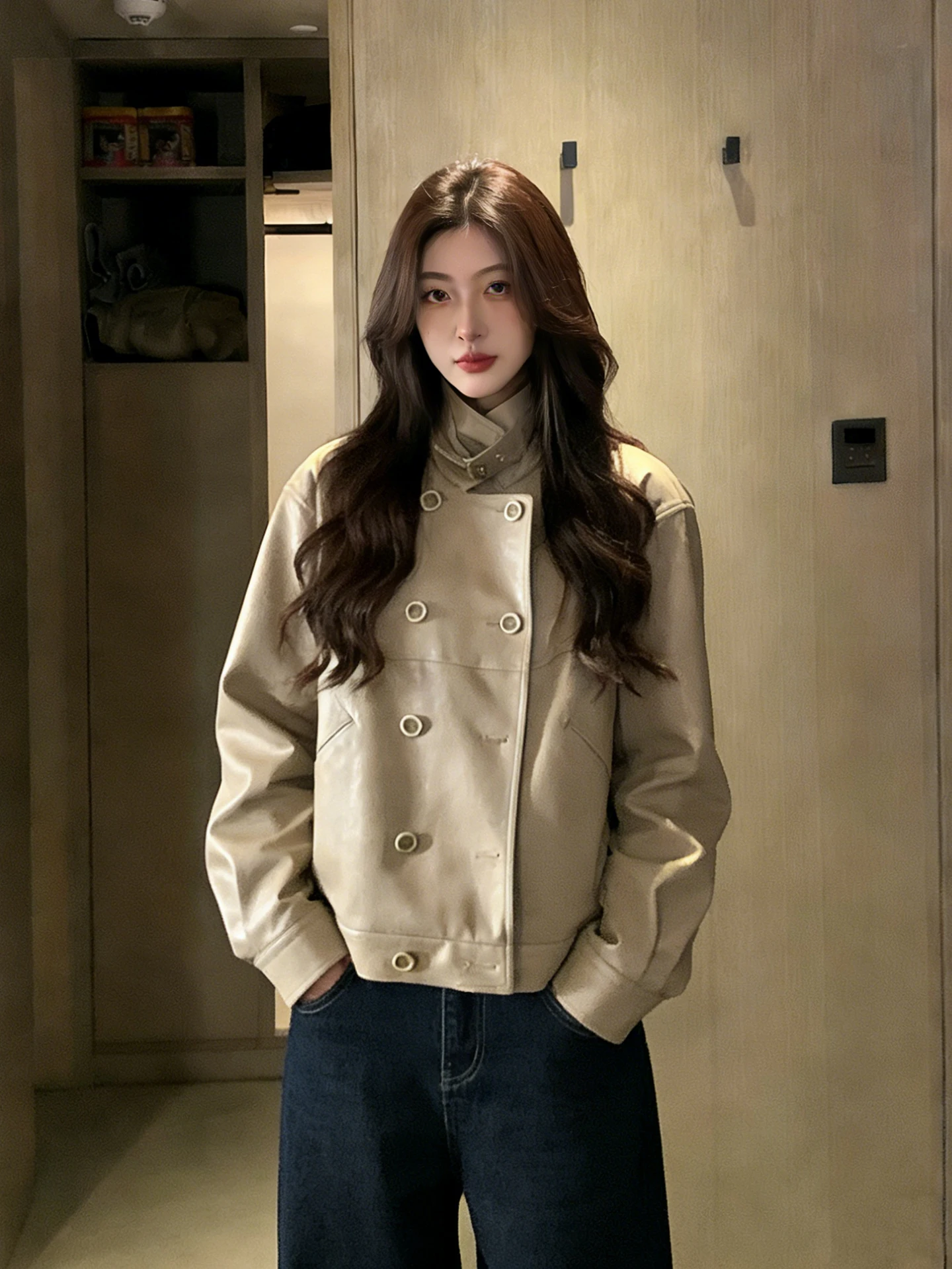 Giacca in Pelle PU Stile Retrò Americano con Doppio Bottone e Colletto Rialzato, Vestibilità Ampia, Nuova Moda Primaverile, Cappotto Casual Texturizzato per Donna