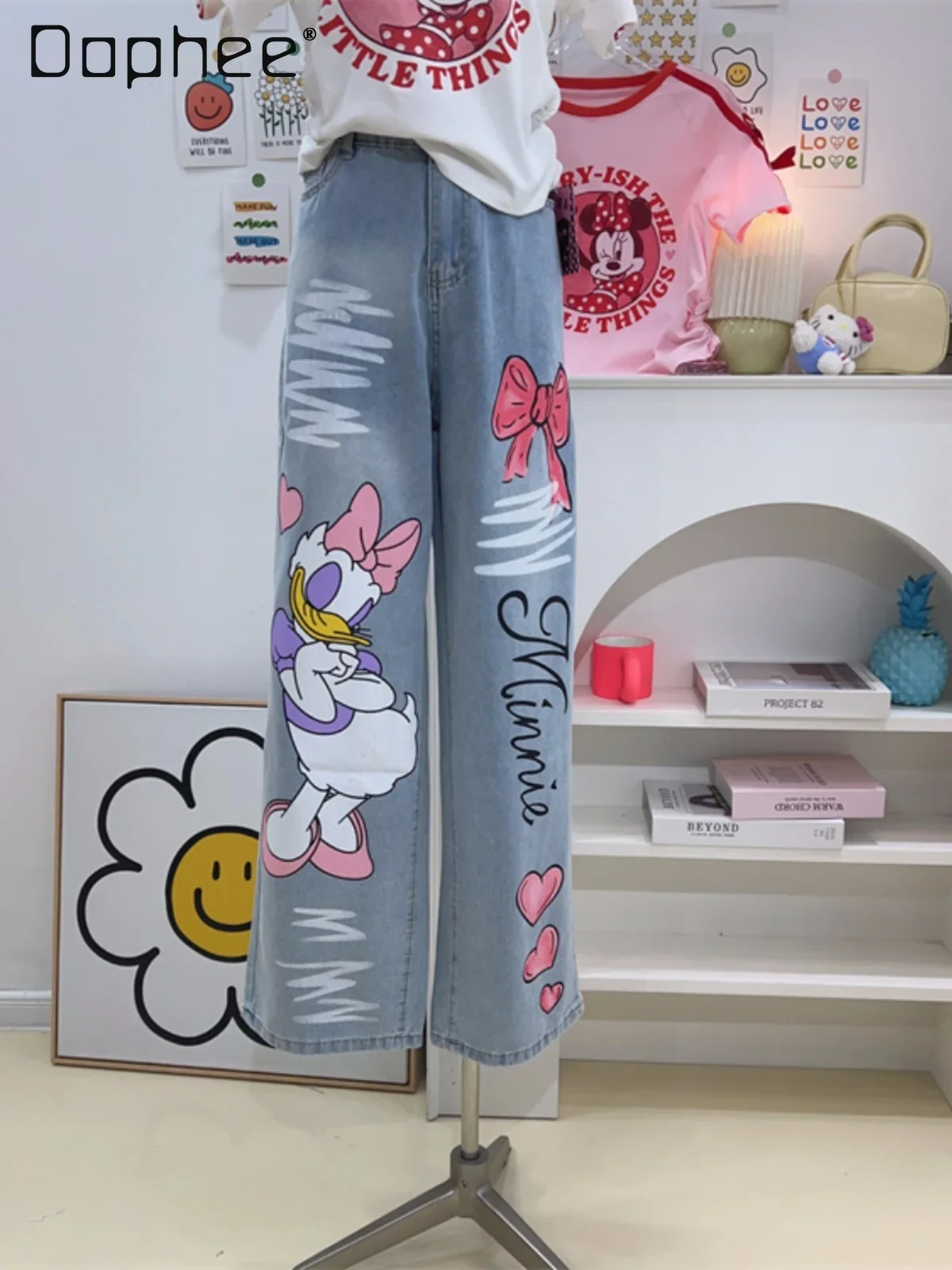 Cute Cartoon Printed Wide Leg Jeans for Women Spring Summer Loose Light Blue Straight Long Pants High Waist Jeans Female Student