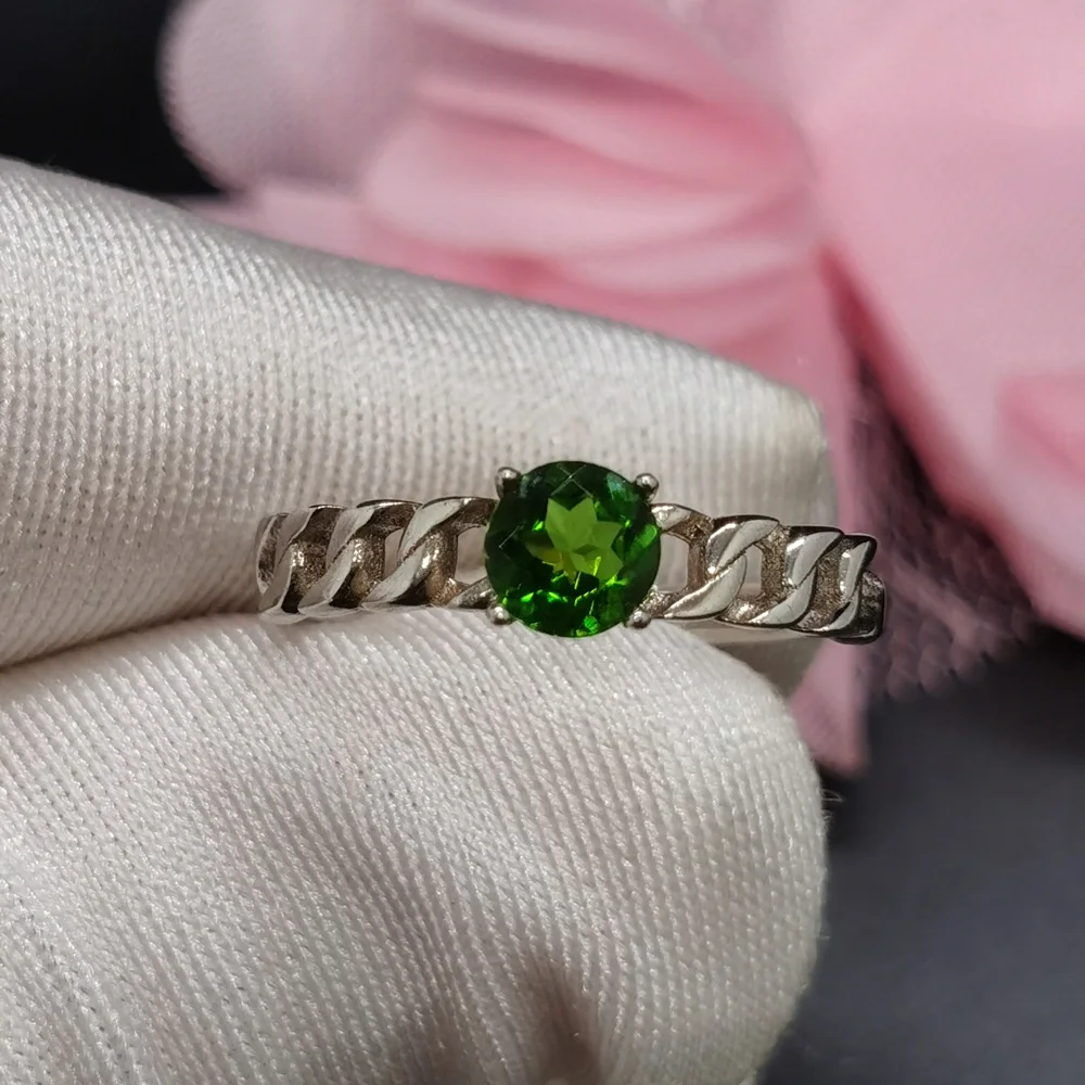 Fashion Silver Chain Gemstone Ring 5mm Natural Diopside Ring 925 Silver Chrome Diopside Jewelry with Gold Plating