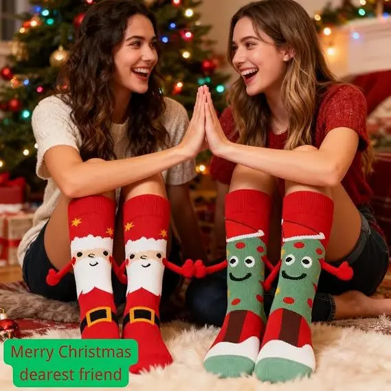 2026 Christmas Socks Red Family Christmas Party Mid Tube Cartoon Hand in Hand Socks Christmas Knitted Socks