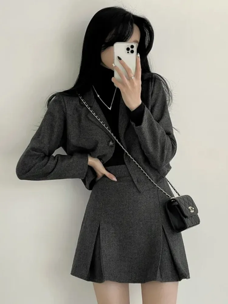 

Ele ort Coat Jaet with High Waist A-Line Skirt Set Women's Vintage Sle Suit Collar Outerwear Slimming Faionable