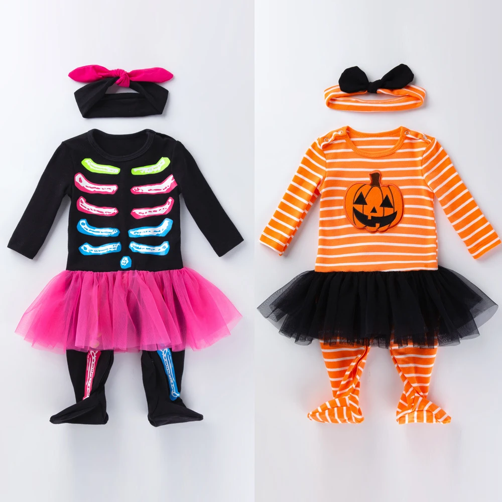 

Halloween Bone Costume Toddler Romper Clothes Long Sleeve 0-2Y Infant Clothing Printed Pumpkin Stripe One Piece Jumpsuit Headban