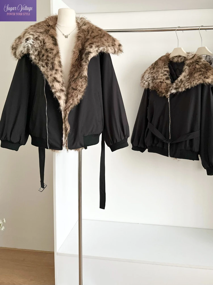 

Fashion Vintage Leopard Print Fur Collar Padded Bomber Jacket Women Winter Thick Warm Cotton Coat Trendy Loose Casual Outerwear