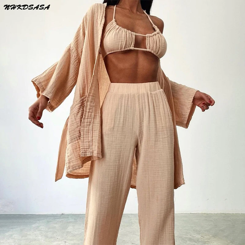 Women Double Layer Wrinkled Cotton Home Suit Sexy Casual Lace Up Shirt Sling Pencil Pants 3 Piece Set 2022 Autumn Beach Outfits