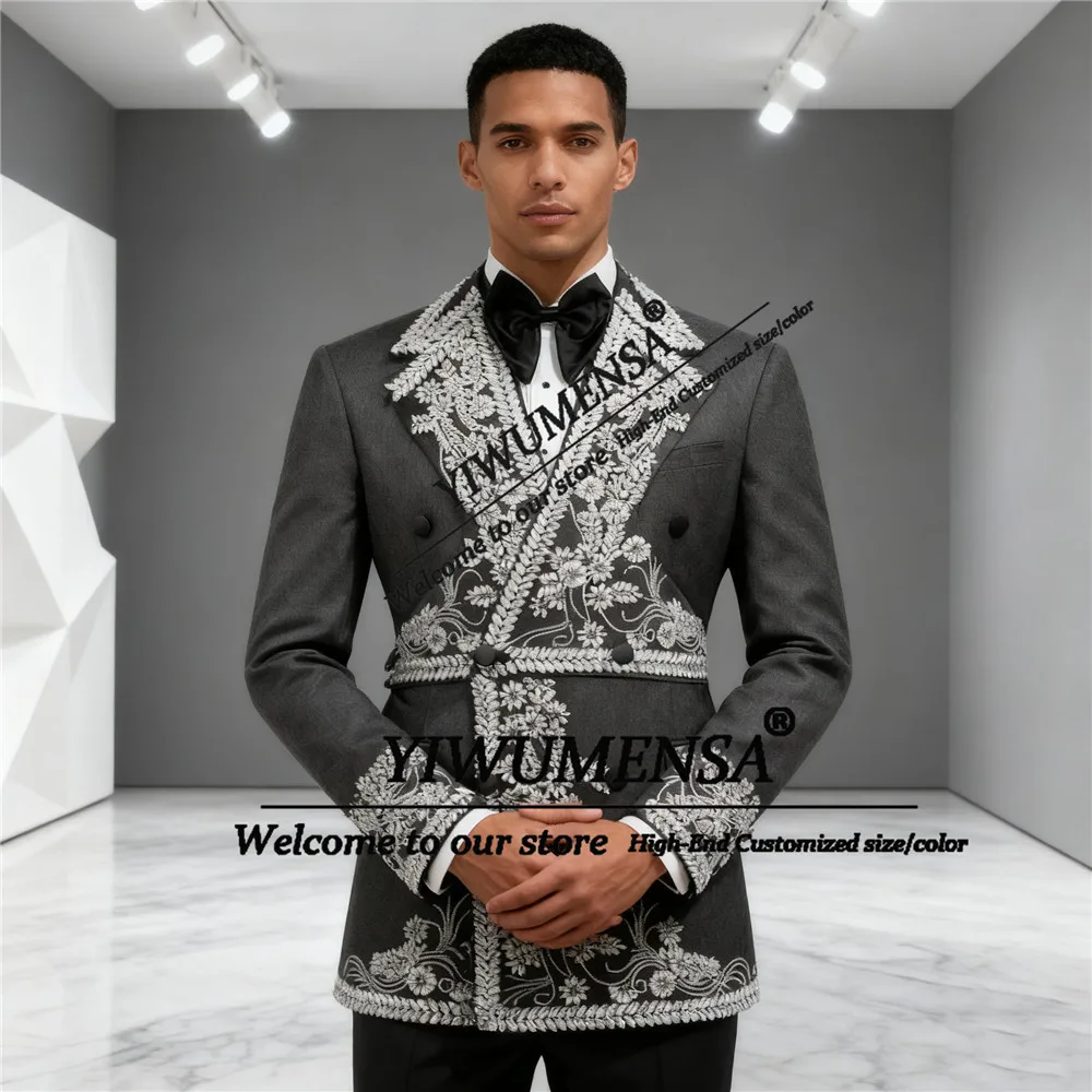 

Роскошный серебряный свадебный смокинг с бисером, костюм для мужчин, комплект из 2 предметов, мужской пиджак для выпускного вечера, стразы, бисер, Ropa Hombre Fit Slim