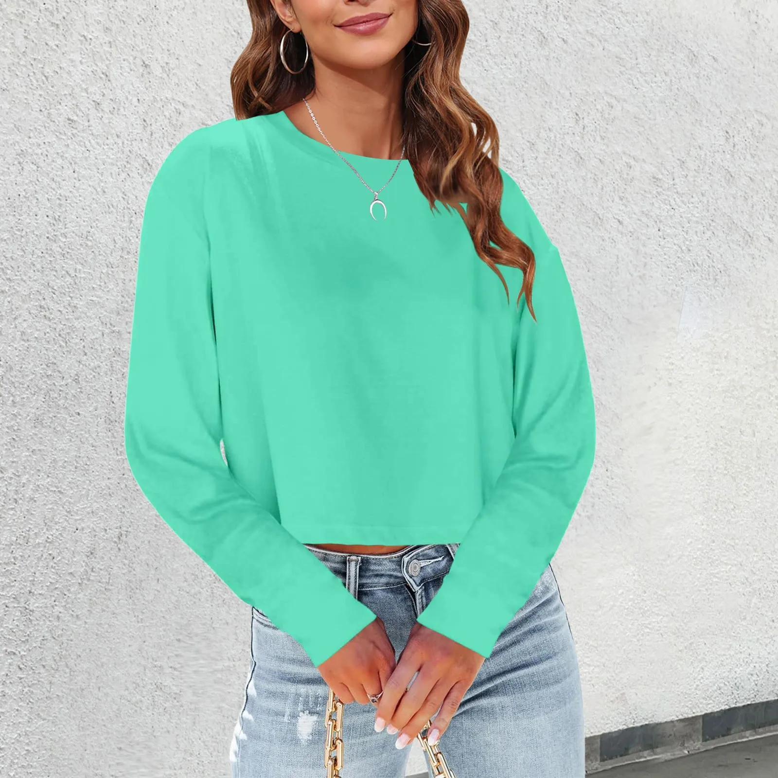 Solid Color Splicing Loose Large Size Comfortable Soft Versatile Long Sleeves Top Womens Spring and Autumn New Crew Neck T Shirt