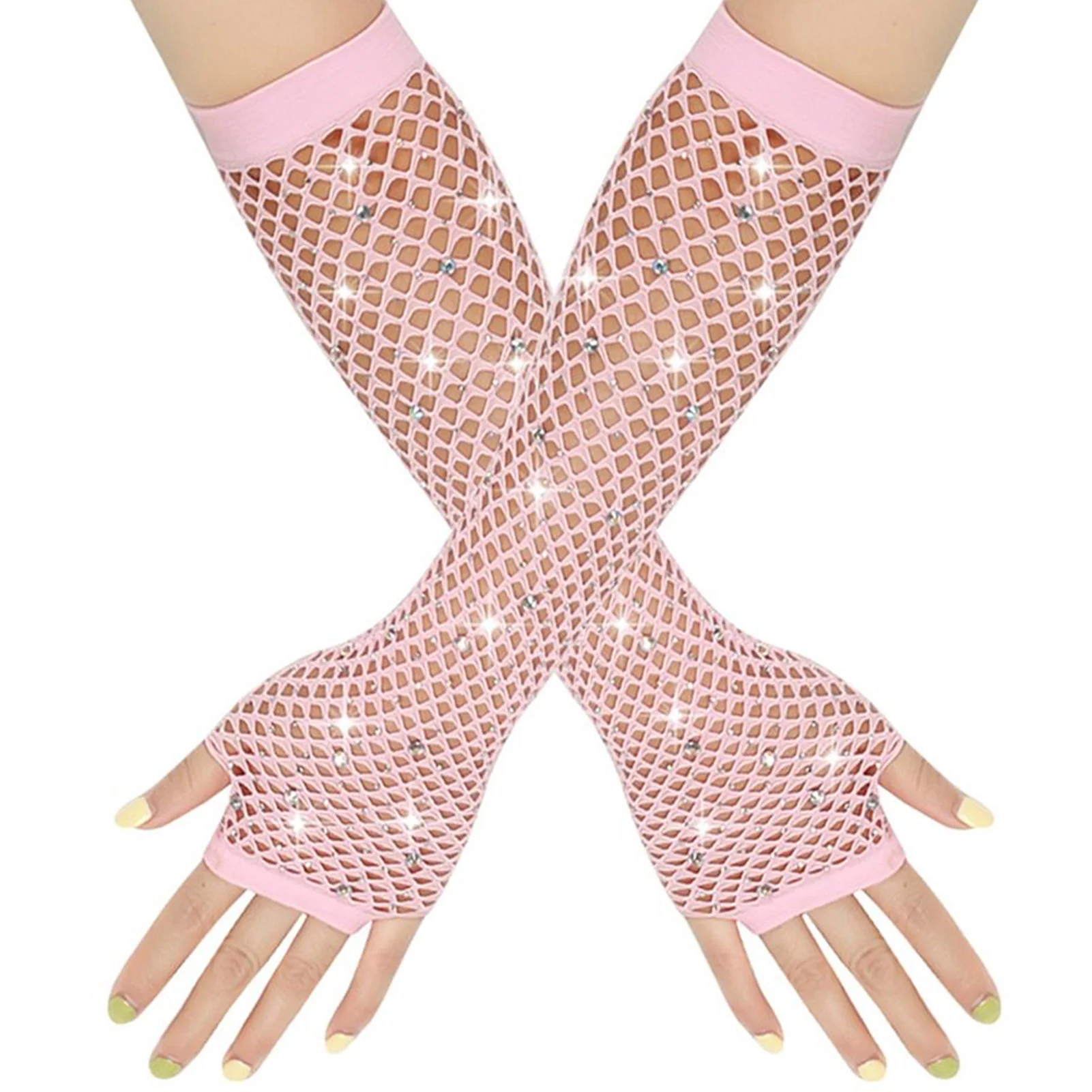 Stretchable Fishnet Gloves Sparkling for Party Dance Costume Retro Crystal Stud Long Mesh Arm Covers Elegant Accessories