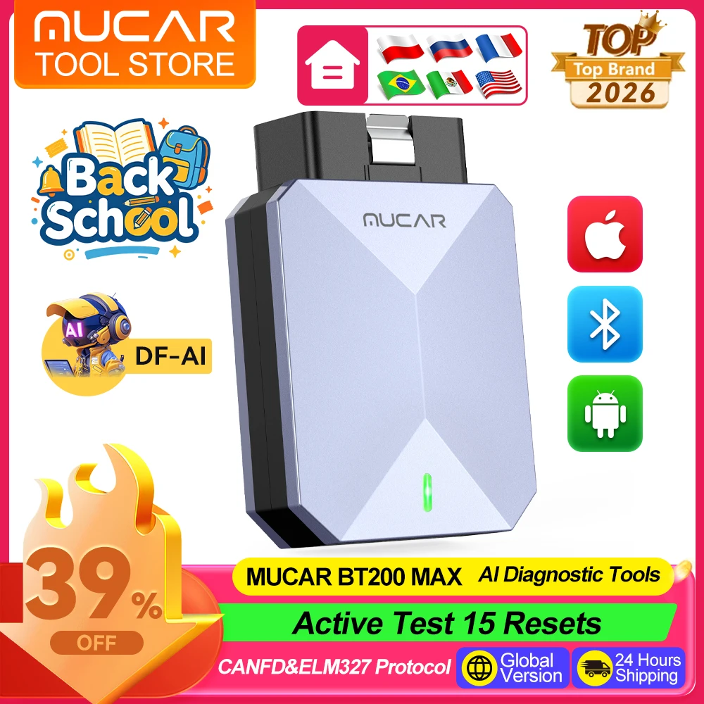 MUCAR BT200 MAX AI OBD2 Scanner Full System Car Diagnostic Tools BI-directional Control 15 Resets Lifetime Free Update Scan Tool