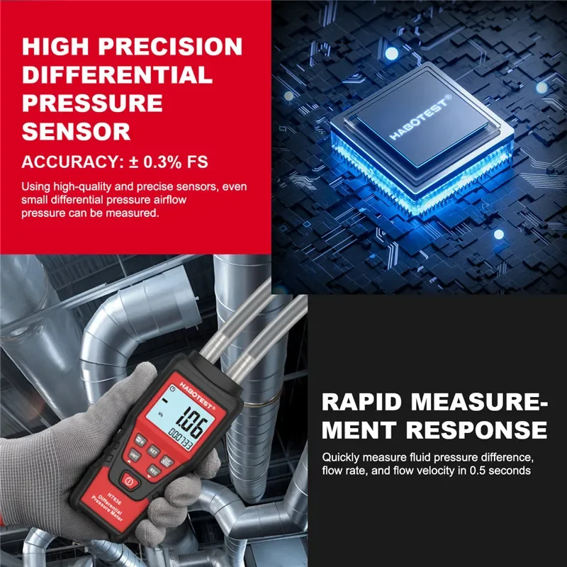 HT636 Manometer Digital Surface Pressure Difference Measure Wind Air Pressure Differential Pressure Gauge Meter 12 Pressure Unit