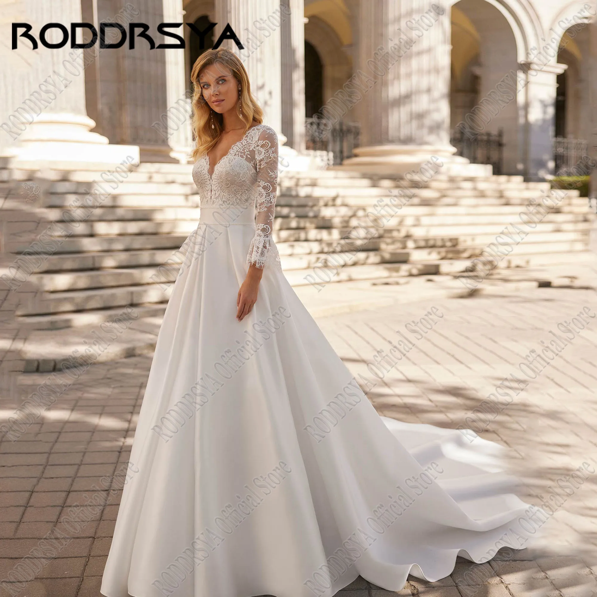 

RODDRSYA Vintage Satin Bride Gown Women V Neck Sweep Train Ivory Wedding Dress With Pocket Full Sleeve Customized robe de mariée