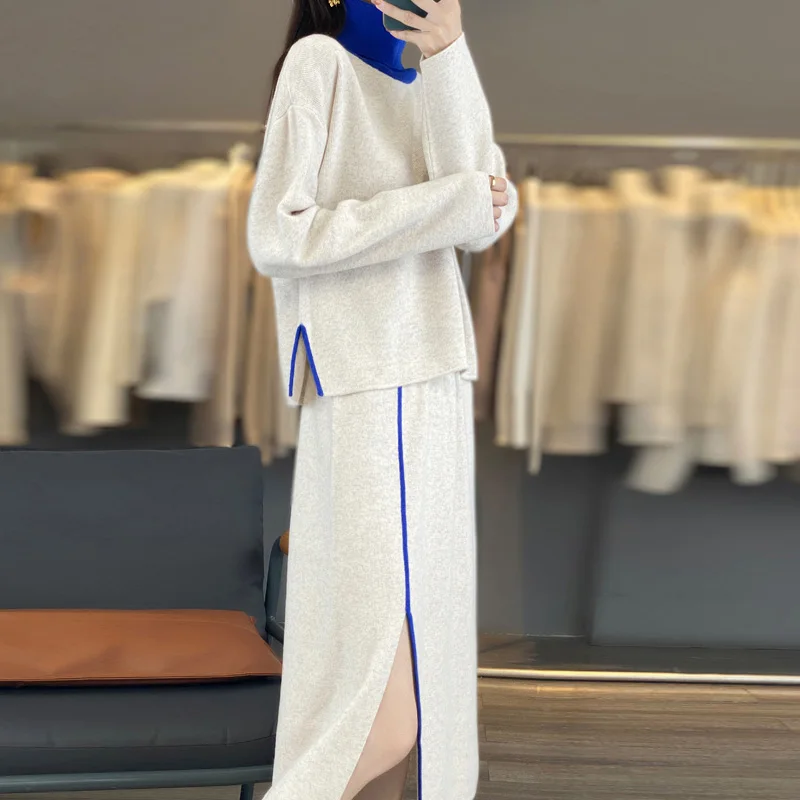 

Осенне-зимний женский костюм из 100% чистой шерсти: свободный и стильный свитер с круглым вырезом и цветными вставками, юбка с разрезом, комплект из двух предметов