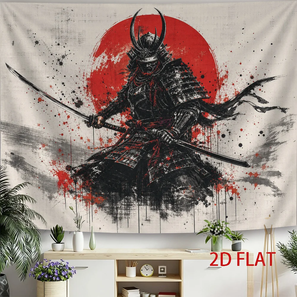 Japanese Samurai Ink Painting Tapestry Wall Hanging, Red Sun Warrior Splash Art for Lovely Living Room Wall Art Decor