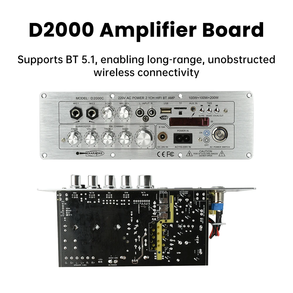 D2000 Bluetooth Amplifier Board 2.1-Channel TPA3221 Power Amplifier 100W+100W+200W with AUX FM USB TF Card TWS DC 24V/AC110-220V
