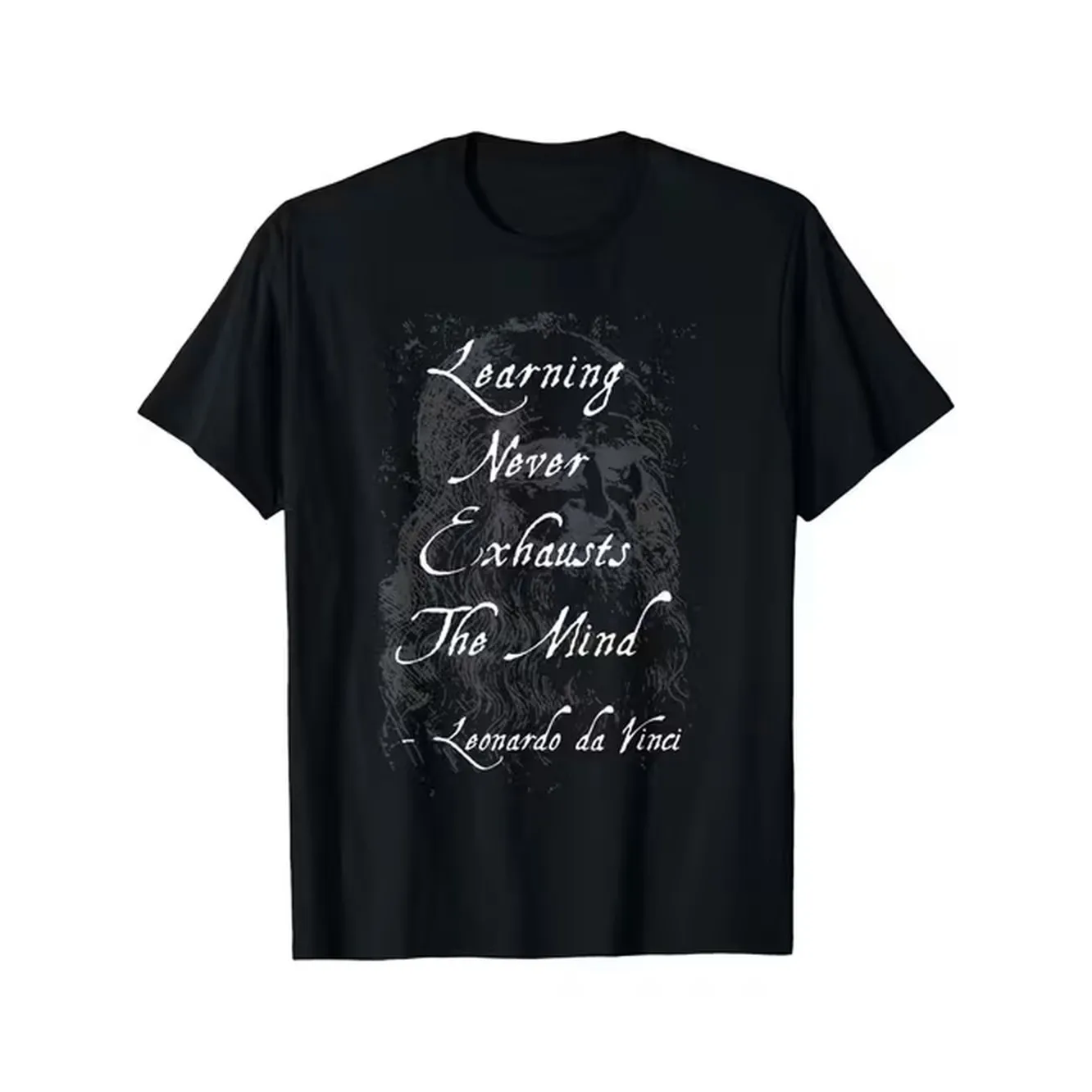 Mens Vintage Quote T Shirt Learning Never Exhausts Italian Text Signature Sketch 100 Crew Neck Casual Tee Fit Machine Washable Black Shirt With White Print Inspirational Gift For Men