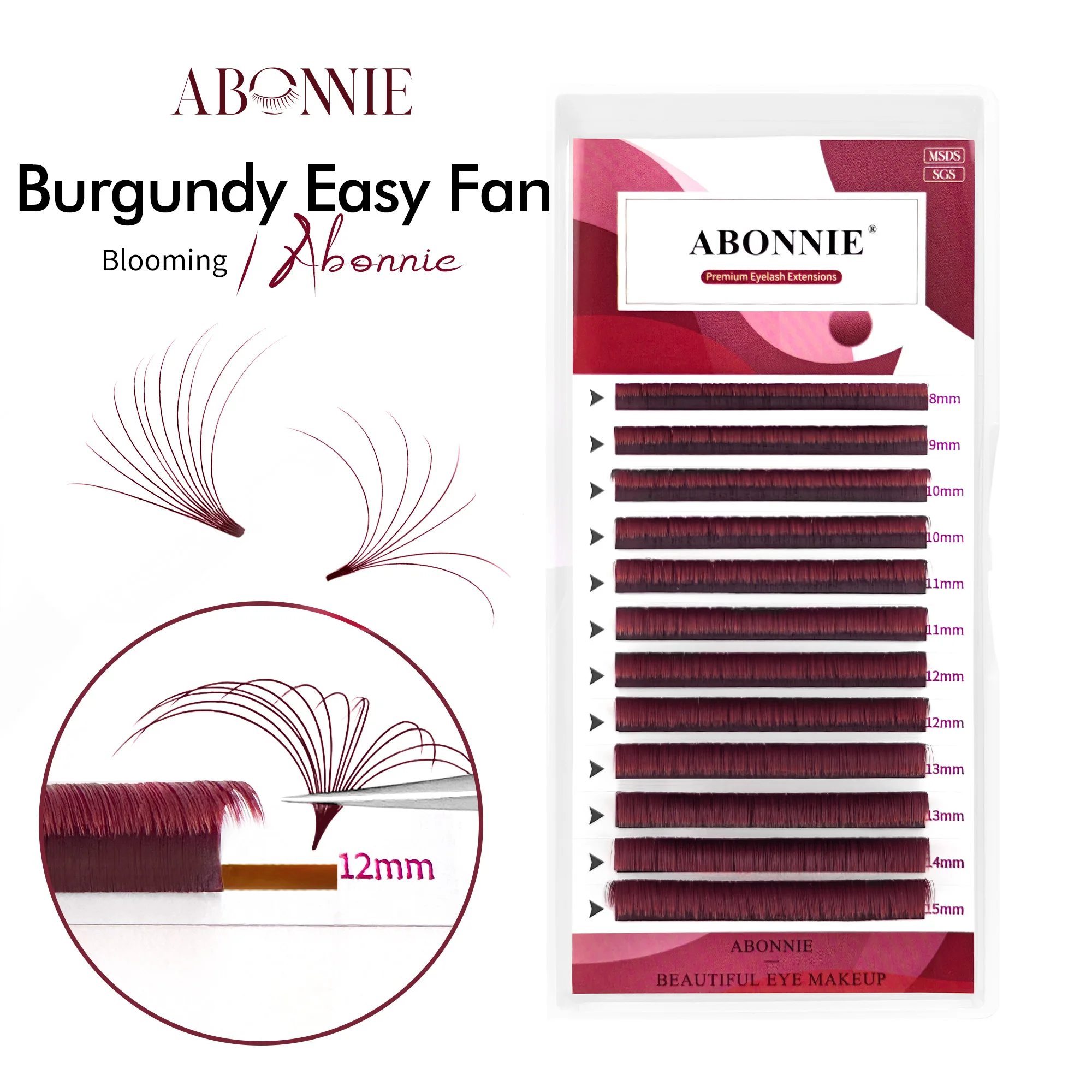 Abonnie 0,07MM Burgunderrote Easy Fan Blooming Lashes 8-15mm Schnell Blühende Matte Weinrote Volumen-Wimpernverlängerung Cilios – Detail 3
