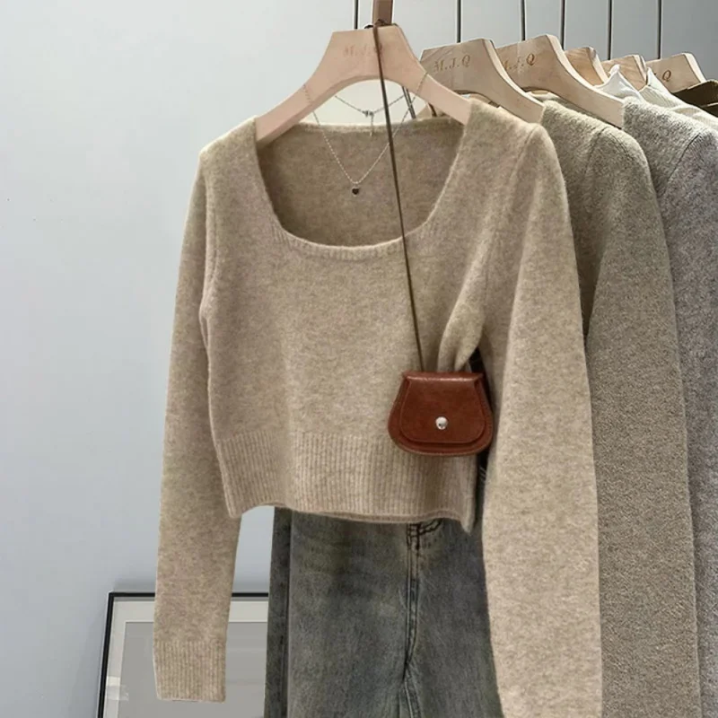 Kwadratowy dekolt Krótki styl Miękki sweter z dzianiny Damski sweter jesienny Topy z długim rękawem Peplum Bottom Shirt All-match Solid Color