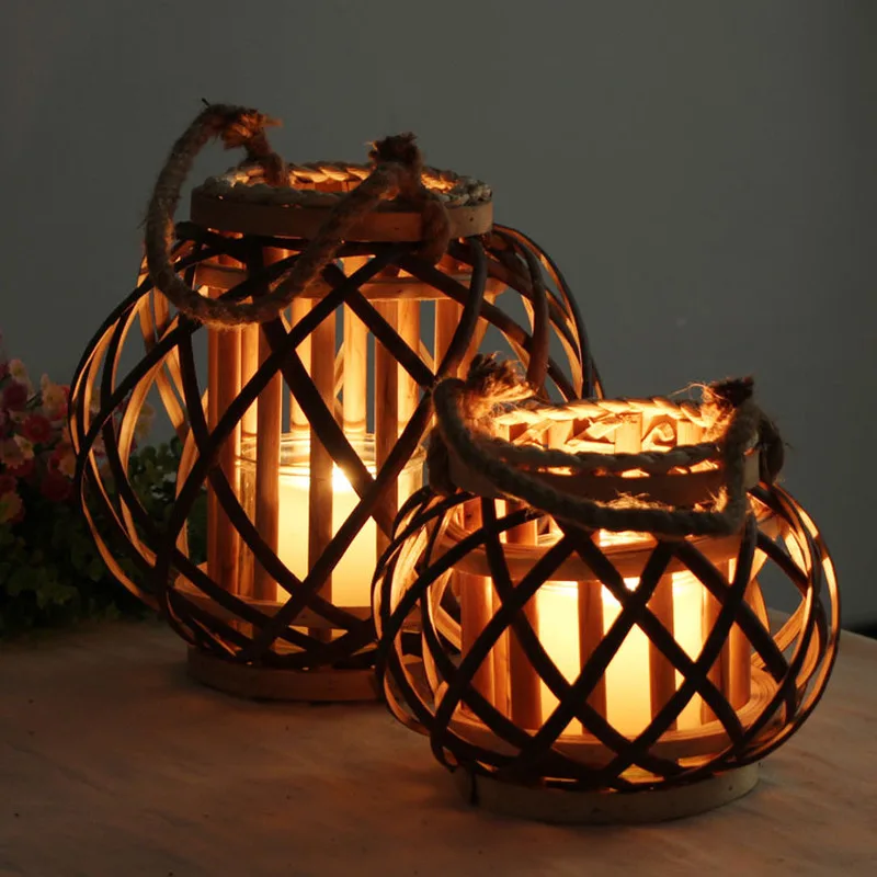 Wicker Lantern Electronic Candle Holder Hanging Windproof Crafts Festival Home Decor Round Wedding Vintage Wooden Candlestick