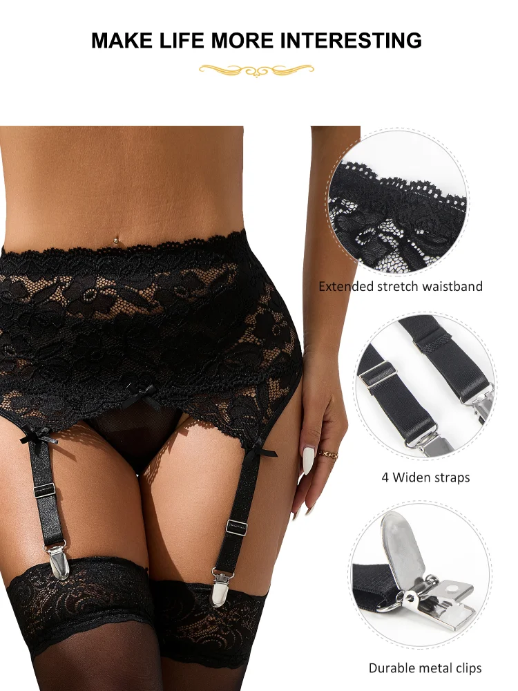 Comeondear Plus Size Bride Lace Suspenders For Women Garters Belts And Stockings Lingerie High Waist Transparent Underwear Set