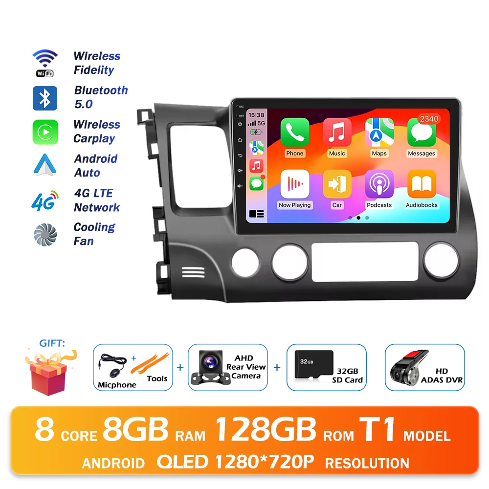 Android 16 Bluetooth Voor Honda Civic 2006-2011 Autoradio Intelligente Multimedia Speler Auto Draadloze CarPlay WIFI 4G DSP GPS - afbeelding 1