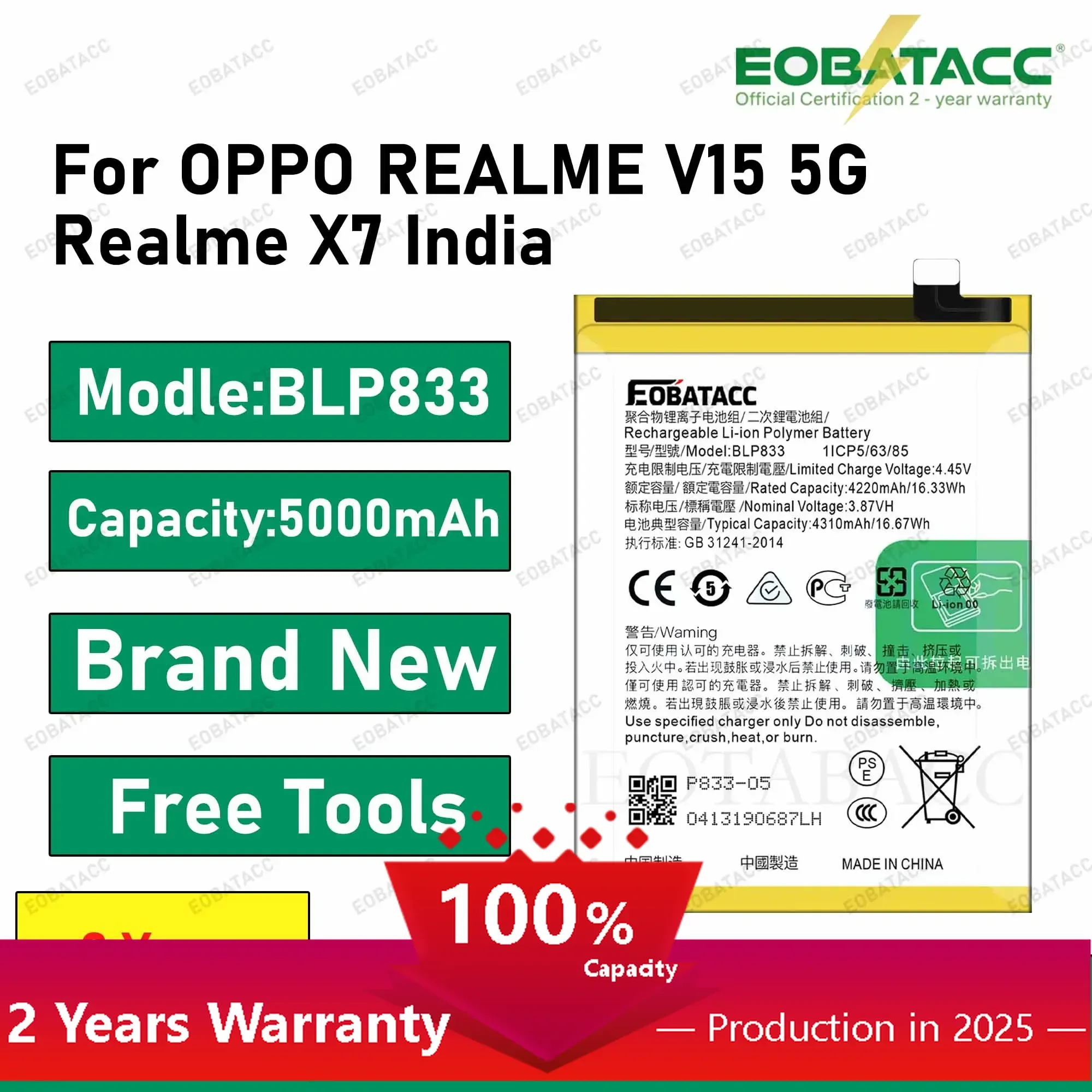 

2025 Years EOBATACC 100% New BLP833 For OPPO REALME V15 5G Phone Battery +Free Tools