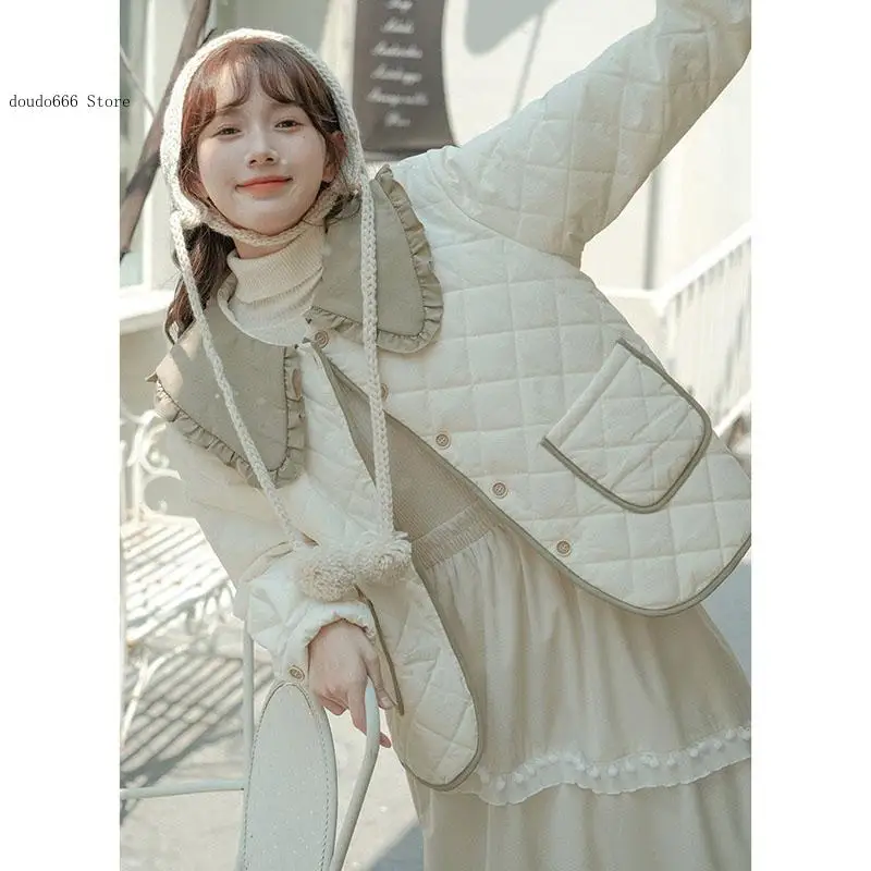 Autumn Winter Foreign Female Rhombic Design Thick Jacket Warm Velvet Overcoat Splicing Doll Collar Women's Cotton Coat