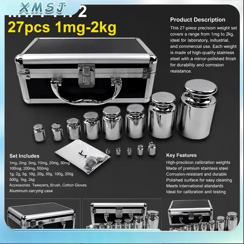 1mg-2kg 27pcs Stainless Steel Weight Set High Precision M1 F1 F2 Standard Calibration Balance Electronic Scale With Box